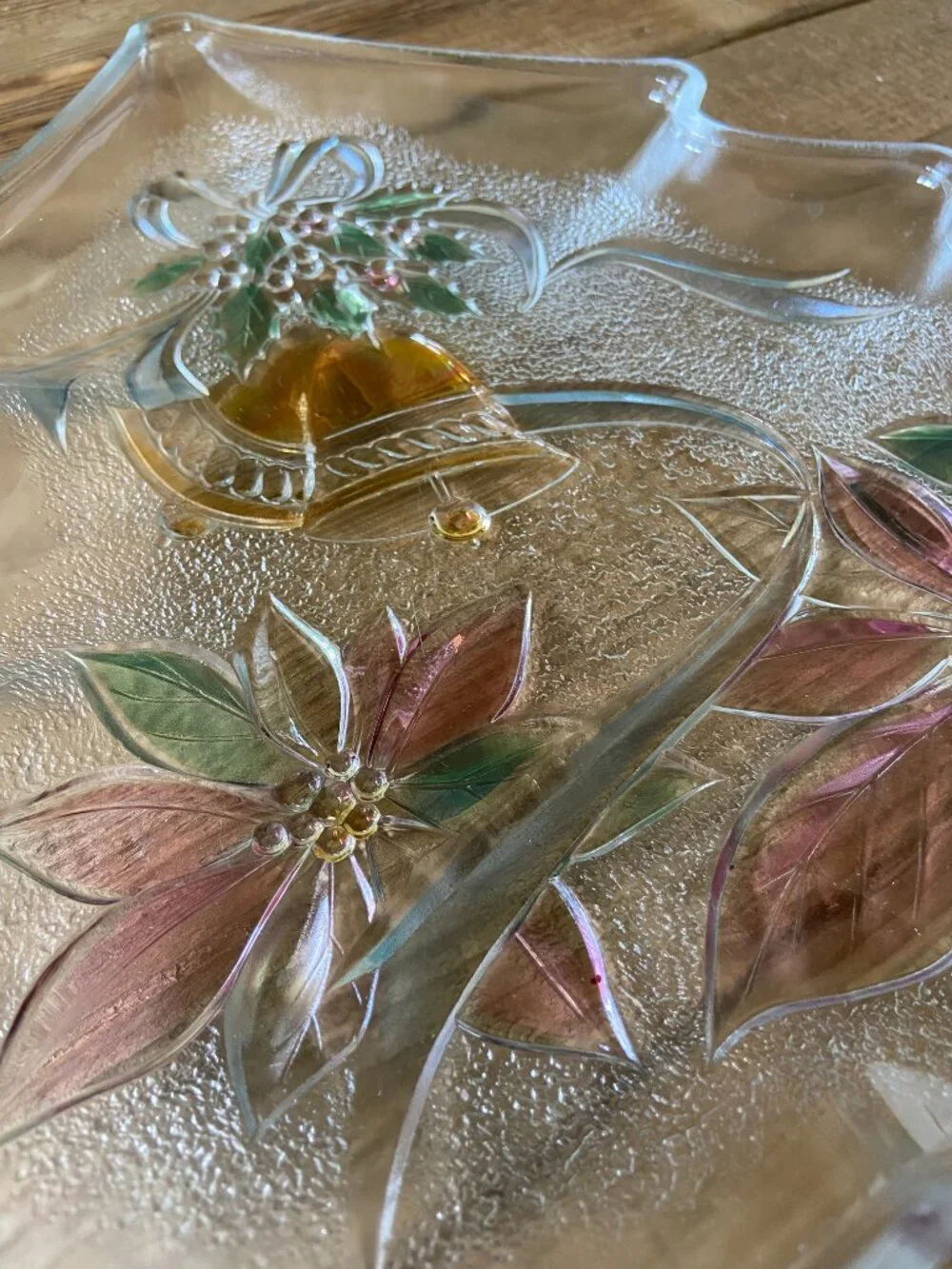 Christmas tree serving platter, holiday glass tray, hand painted centerpiece,